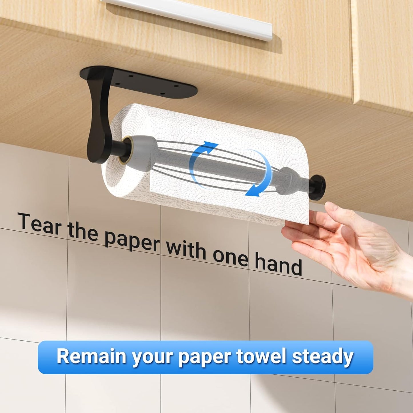 Paper Towel Holder Under Cabinet, One-Handed Tear, Wall Mount, Adhesive, Black, Paper Roll Holder with Ratchet Mechanism for Kitchen Bathroom Farmhouse Essentials Decor Accessories