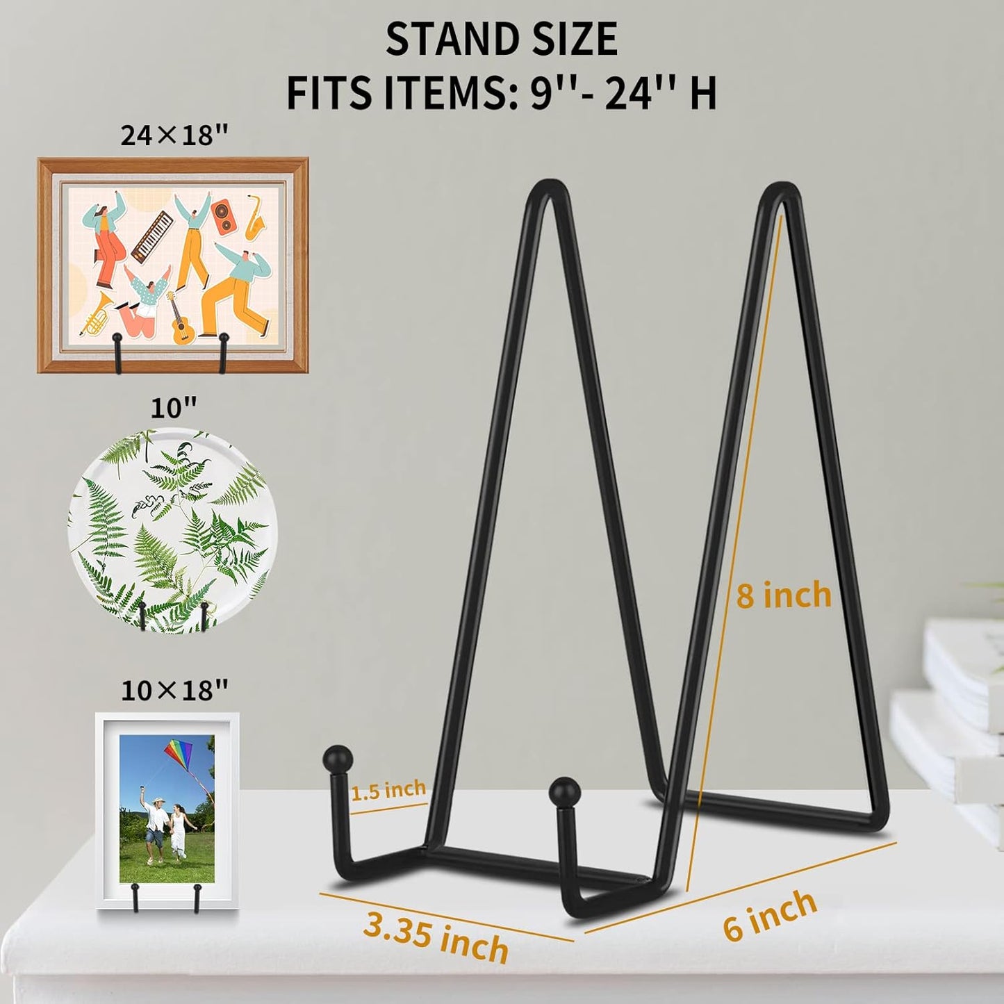 Decolore 8 Inch 3 Pack Black Metal Plate Holder Display Stands for Picture, Decorative Plate, Book, Photo Easel, Artistic Work