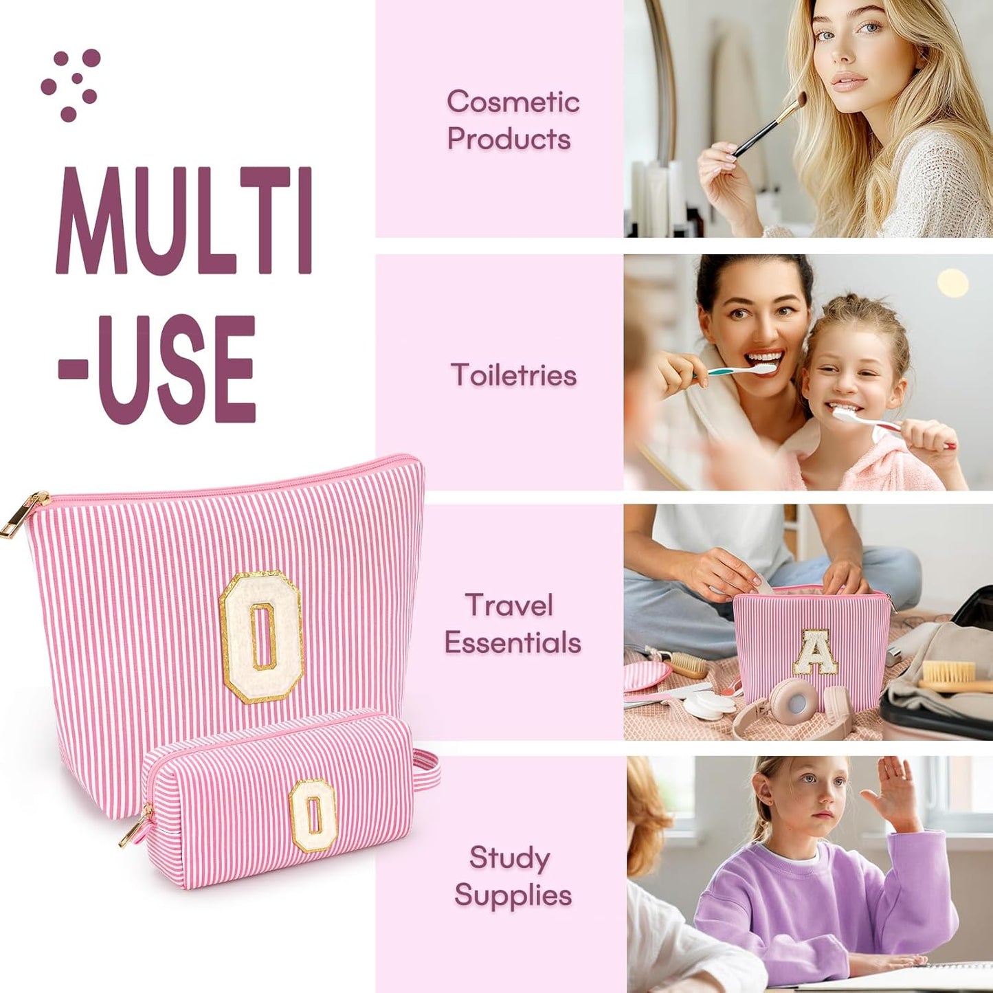 2 PCS Initial Makeup Bags for Women: Cosmetic Bag for Travel Toiletry - Birthday Gifts for 11 12 13 14 15 16 17 18 Years Old Girl Graduation Teacher Gift- Teen Girl Gifts Trendy Stuff - Pink O