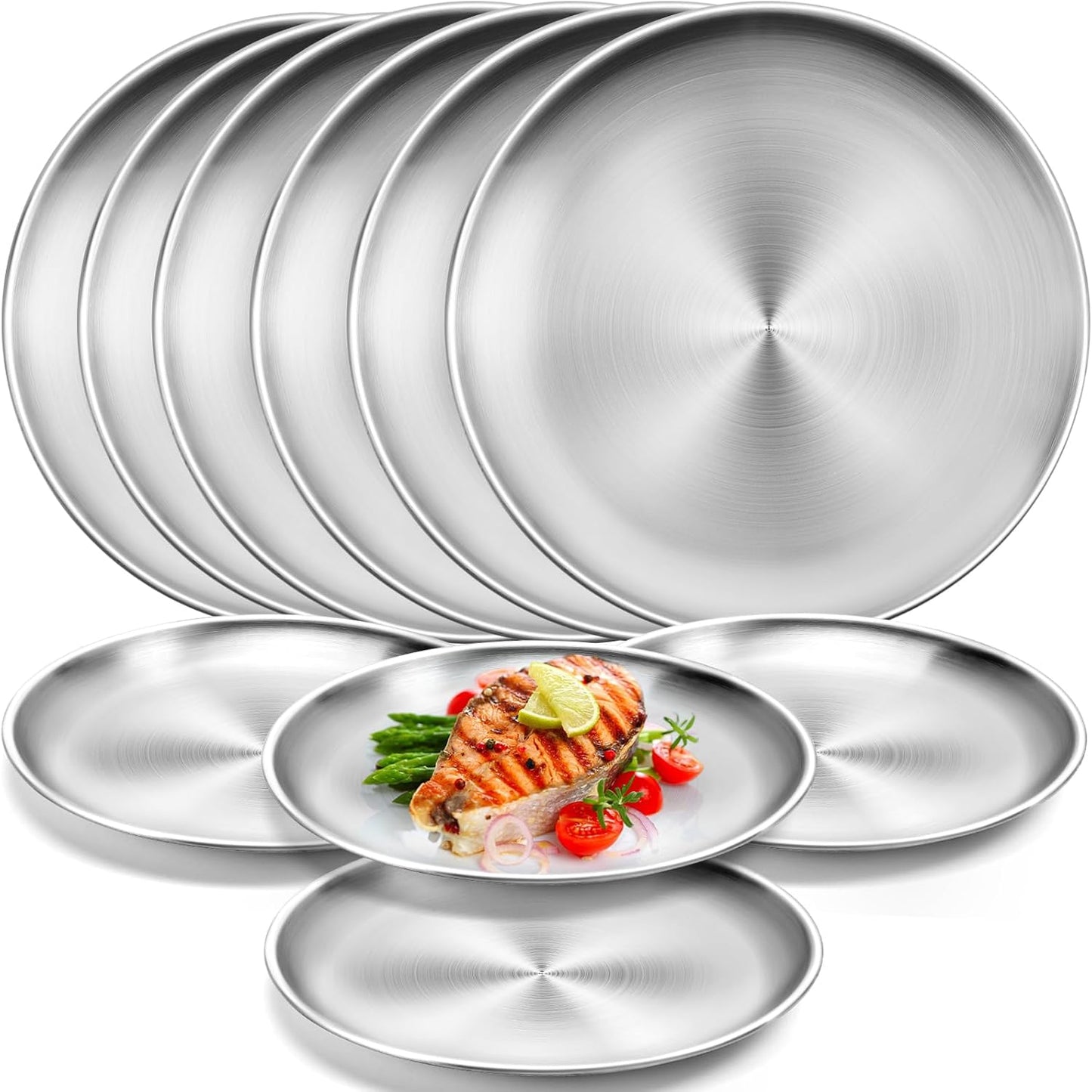 Jeffbaubl 10 Pack Stainless Steel Plates,7.8 Inch Round Salad Plates, Unbreakable Metal 304 Dinner Dishes,Lightweight Feeding Serving Camping Plate, Reusable and Dishwasher Safe
