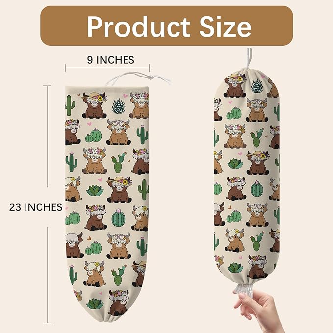Plastic Bag Holder Highland Cow Bag Holder Dispenser, Plastic Grocery Bag Organizer & Wall Mount Paper Trash Bags Saver Storage for Kitchen Home Pantry Decor, Fun Farmhouse Decor