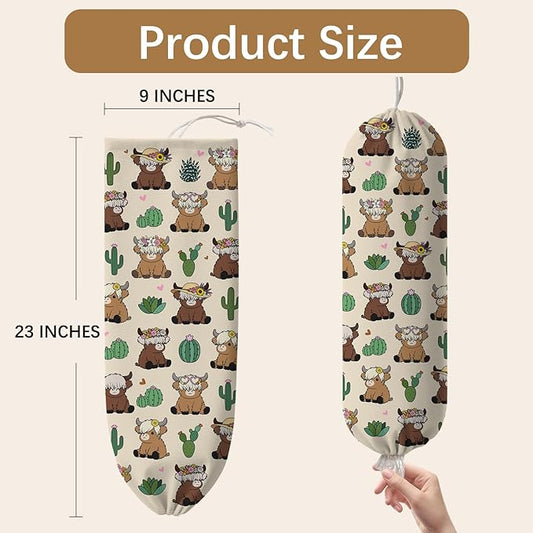 Plastic Bag Holder Highland Cow Bag Holder Dispenser, Plastic Grocery Bag Organizer & Wall Mount Paper Trash Bags Saver Storage for Kitchen Home Pantry Decor, Fun Farmhouse Decor