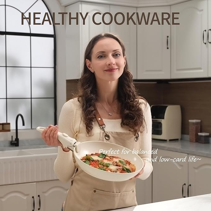 23PCS Ceramic Nonstick Cookware Set, Nonstick Detachable Handle Ceramic Cookware, Induction Kitchen Cooking Set with Removable Handle,include Frying Pans & Saucepans Oven Safe, Stackable Set