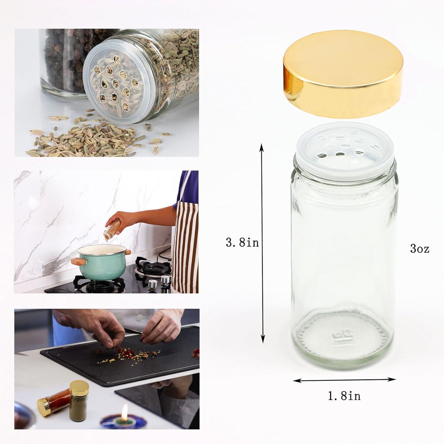 2pcs Gold Spice Jars, 3 oz Glass Seasoning Bottles, Spices Container, Empty Spice Jars, Round Spice Bottles with Airtight Plastic Caps with Shaker Lids (2, gold)