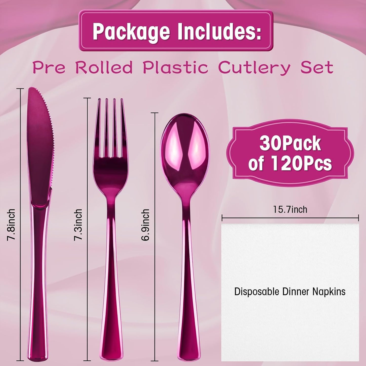 30Pack Pre Rolled Hot Pink Plastic Silverware - Wrapped Hot Pink Disposable Cutlery with Napkins, Pre Rolled Plastic Silverware Set, Disposable Christmas Silverware with Dinner Napkins for Party