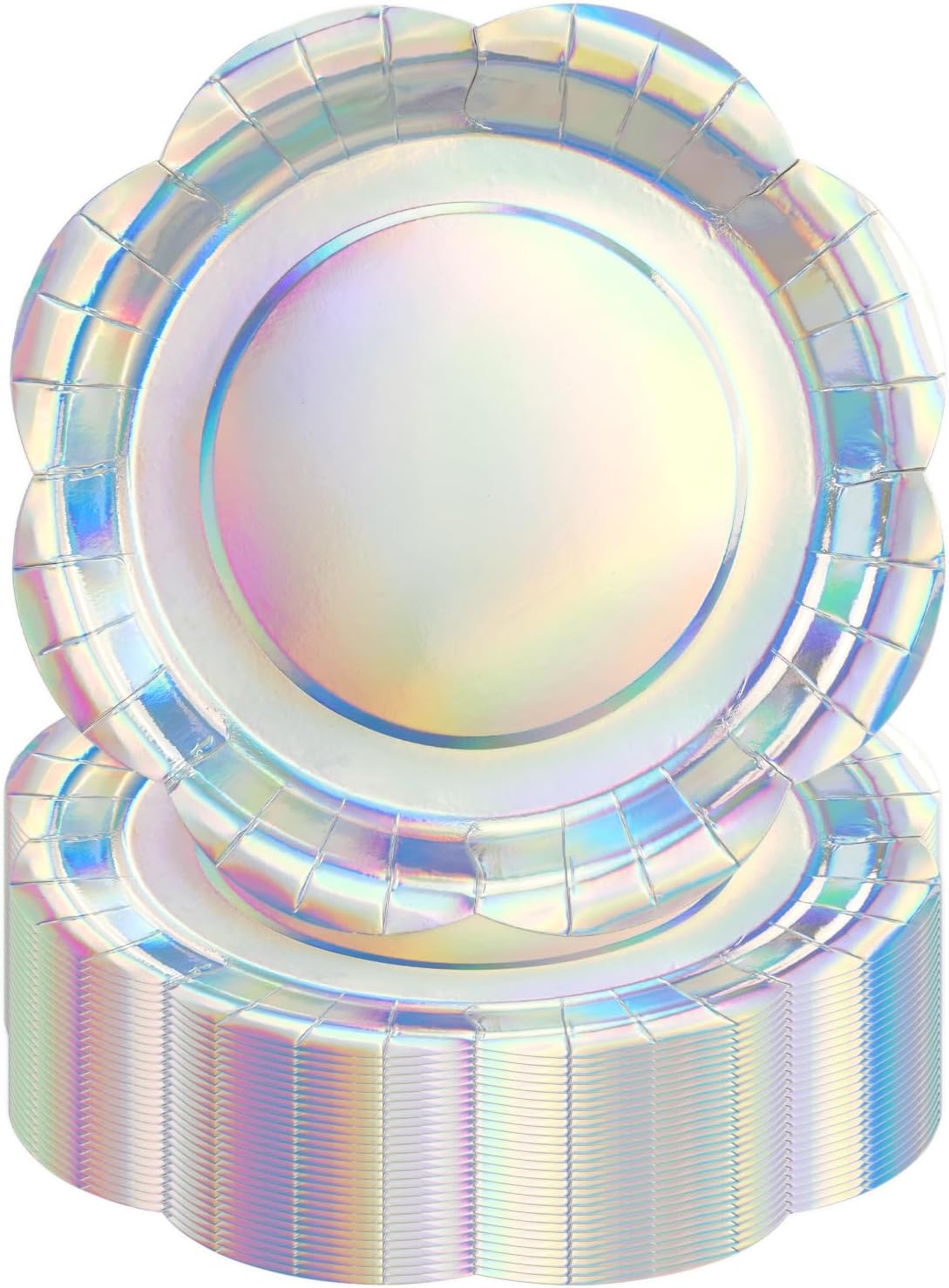 50PCS Iridescent Silver Paper Plates 7 Inch, Disposable Holographic Scalloped Plates Cake Dessert Plate for Mermaid Birthday Wedding Party Supplies (Iridescent Silver, 7 inch)