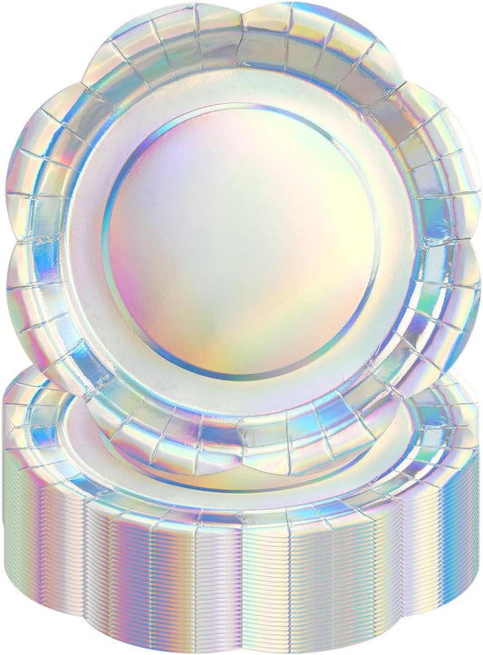 50PCS Iridescent Silver Paper Plates 7 Inch, Disposable Holographic Scalloped Plates Cake Dessert Plate for Mermaid Birthday Wedding Party Supplies (Iridescent Silver, 7 inch)