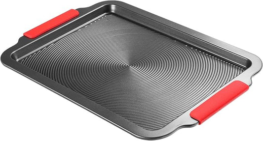 Baking Sheet with Circle Grooves, 1-Piece 16x11in Nonstick Cookie Sheets for Baking & Roasting, Baking Pans with Red Grips, PFAS/PTFE Free,Gray