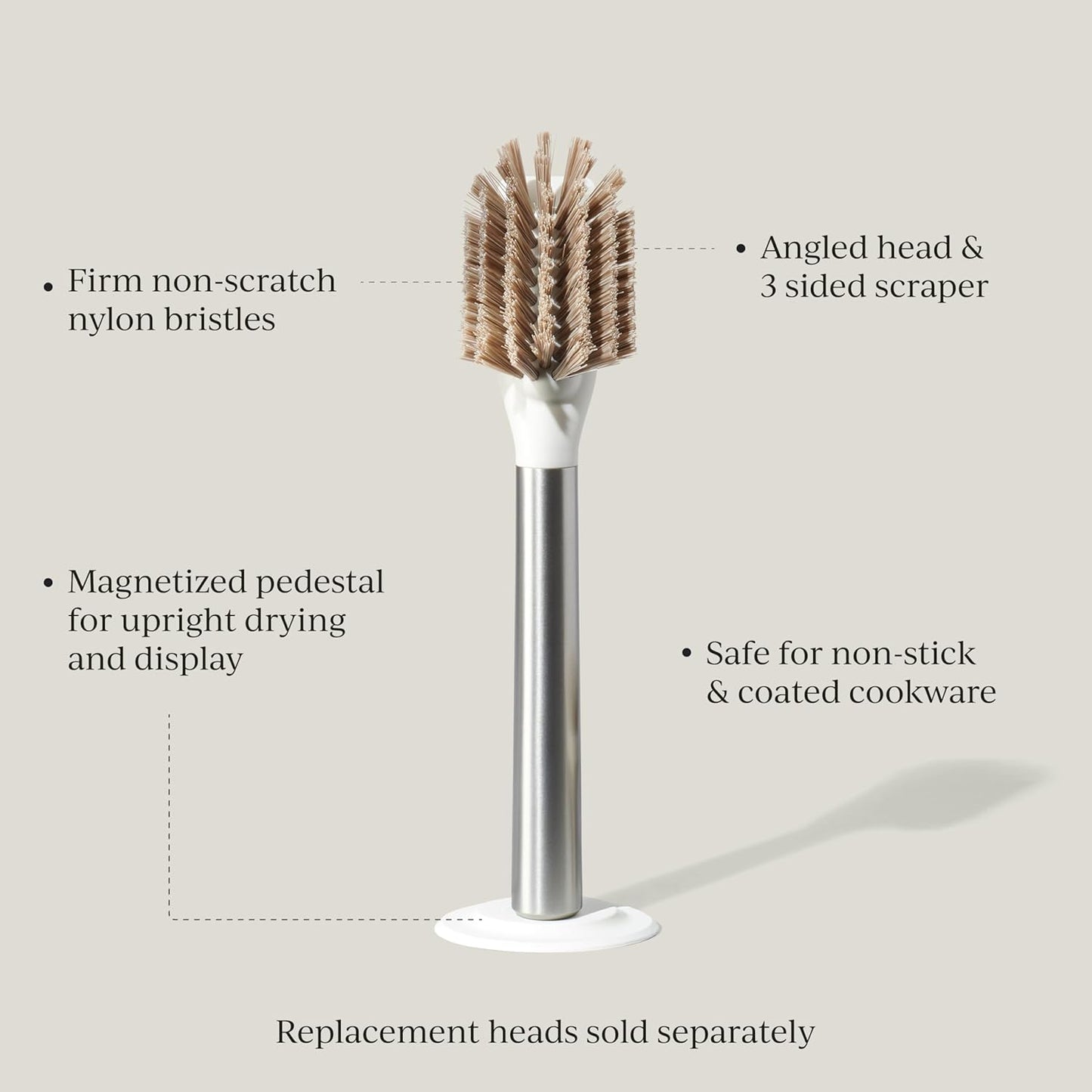 Ionic Dish Brush, Magnetized to Stand Upright, Stainless Steel with Replaceable Head, Silver