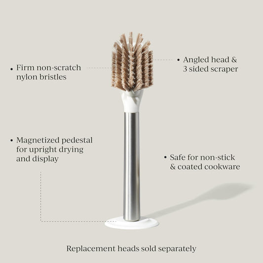 Ionic Dish Brush, Magnetized to Stand Upright, Stainless Steel with Replaceable Head, Silver