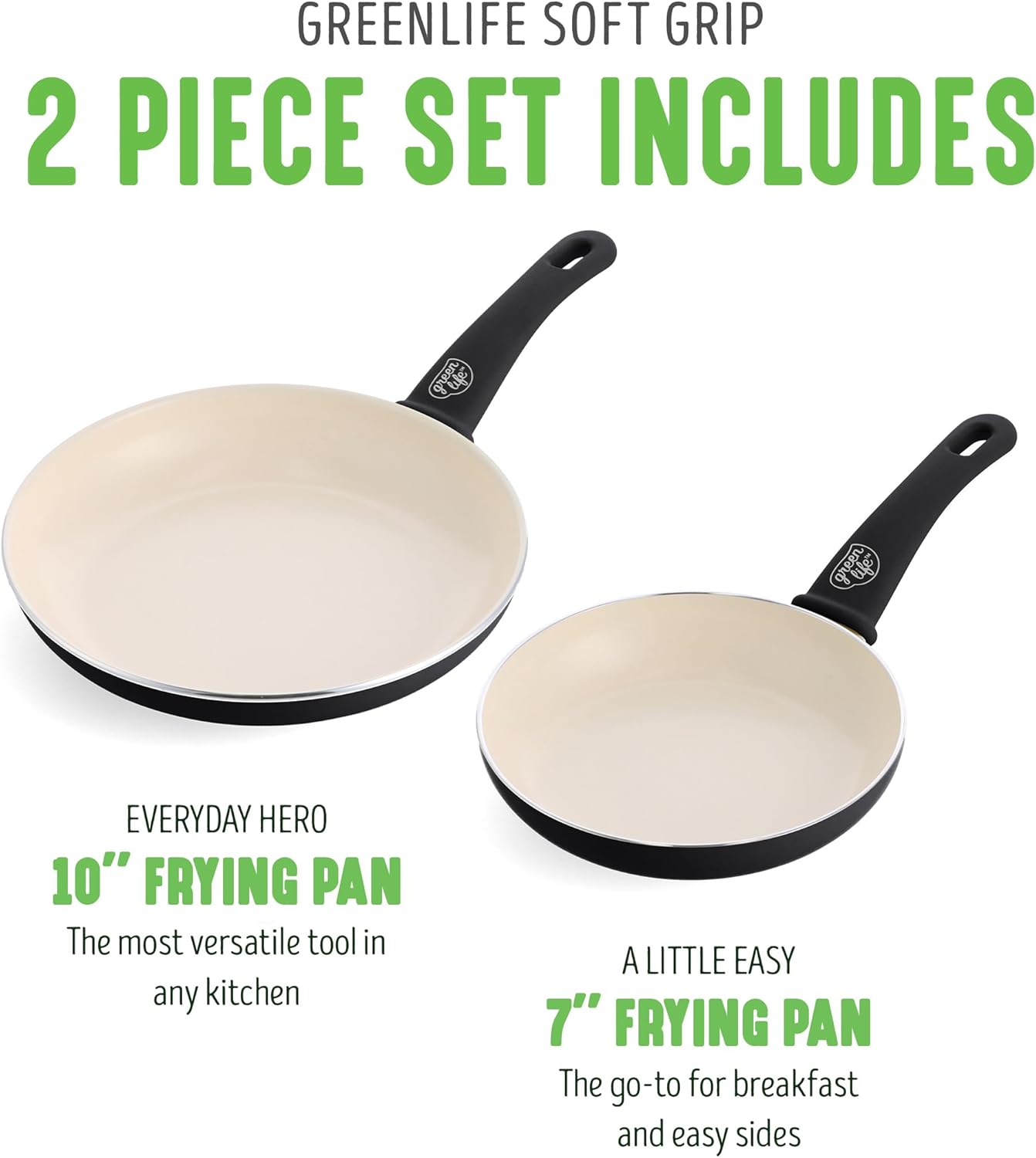 GreenLife Non Stick Fry Pan Set (7" & 10"), Non-Toxic PFAS-Free Ceramic Skillets, Dishwasher & Oven Safe, Egg Omelet Frying Pans, Stay- Cool Handles, Kitchen Home Cooking Essentials, Black and Cream