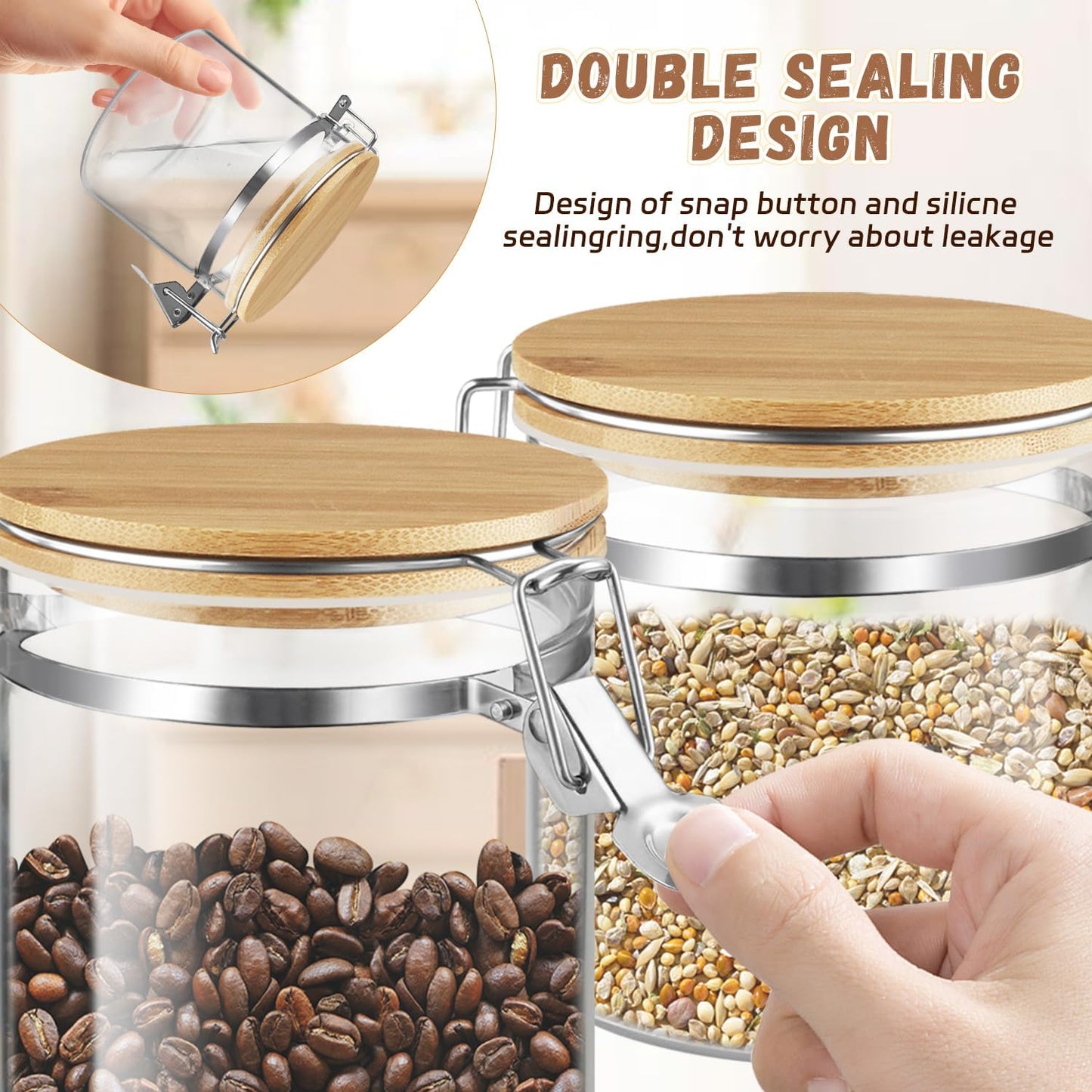 Set Of 2 Glass Jar With Bamboo Lids Empty Food Storage Jars With Locking Clamp Kitchen Canisters Glass Sealed Jar Container For Coffee Beans Sugar Tea Spices And More (550ml/18.3oz)
