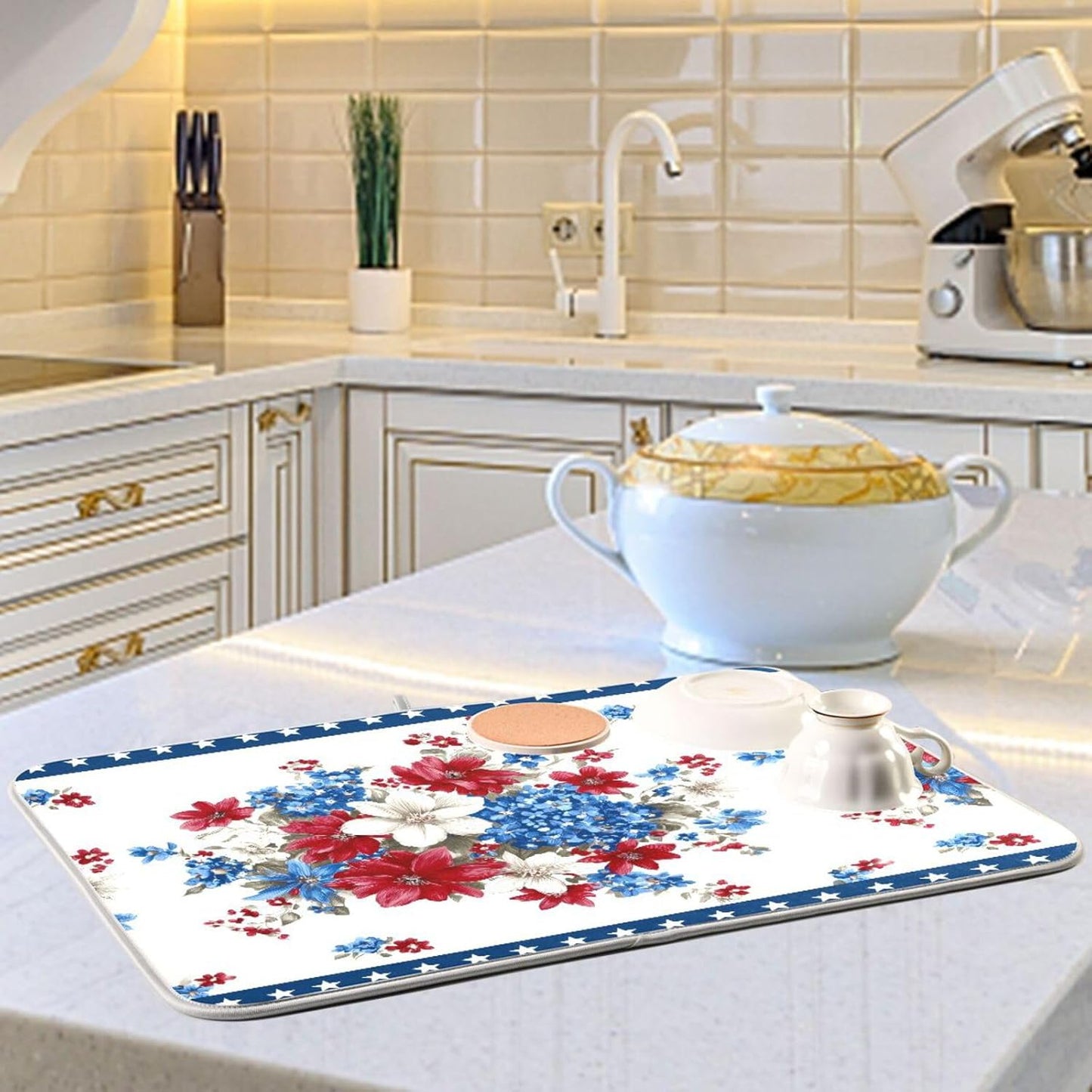 Flowers and Stars Dish Drying Mat for Kitchen Counter Super Absorbent Dishes Pad Reversible Microfiber Protector Dish Draining Mats 16x18 inch
