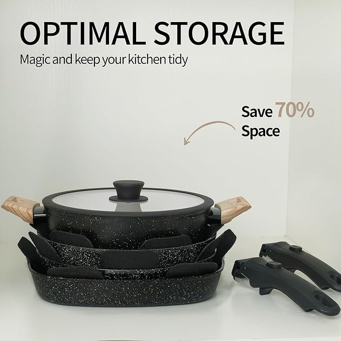 23pcs Ceramic Pots and Pans Set, Nonstick Detachable Handle Cookware, Induction Kitchen Cooking Set with Removable Handle,include Frying Pans & Saucepans Oven Safe (Black)