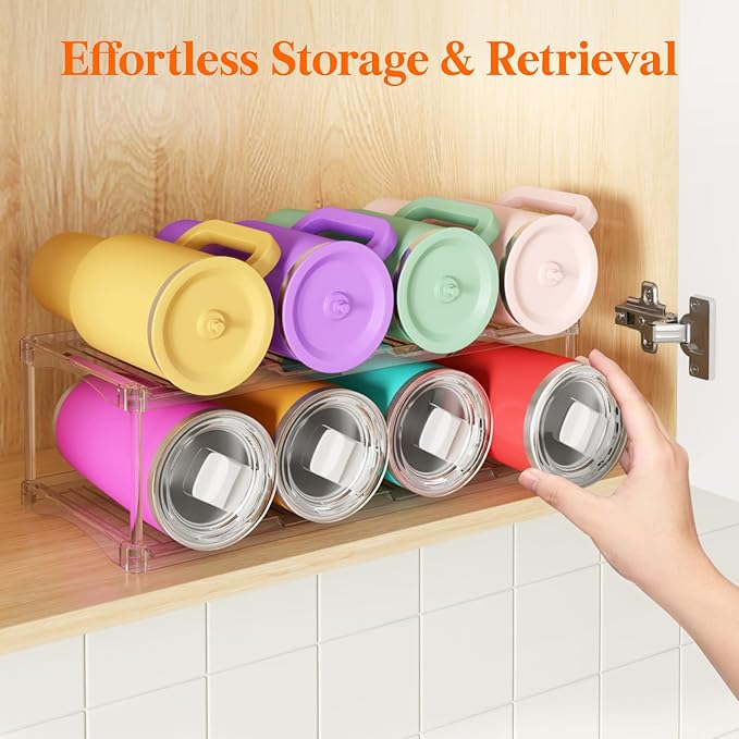 Lifewit Stackable Water Bottle Storage Organizer, Clear Tumbler Cup Mug Organizer, Plastic Large Compartment Wine Rack for Fridge Cellar Kitchen Pantry Storage, 2Tier Hold 8