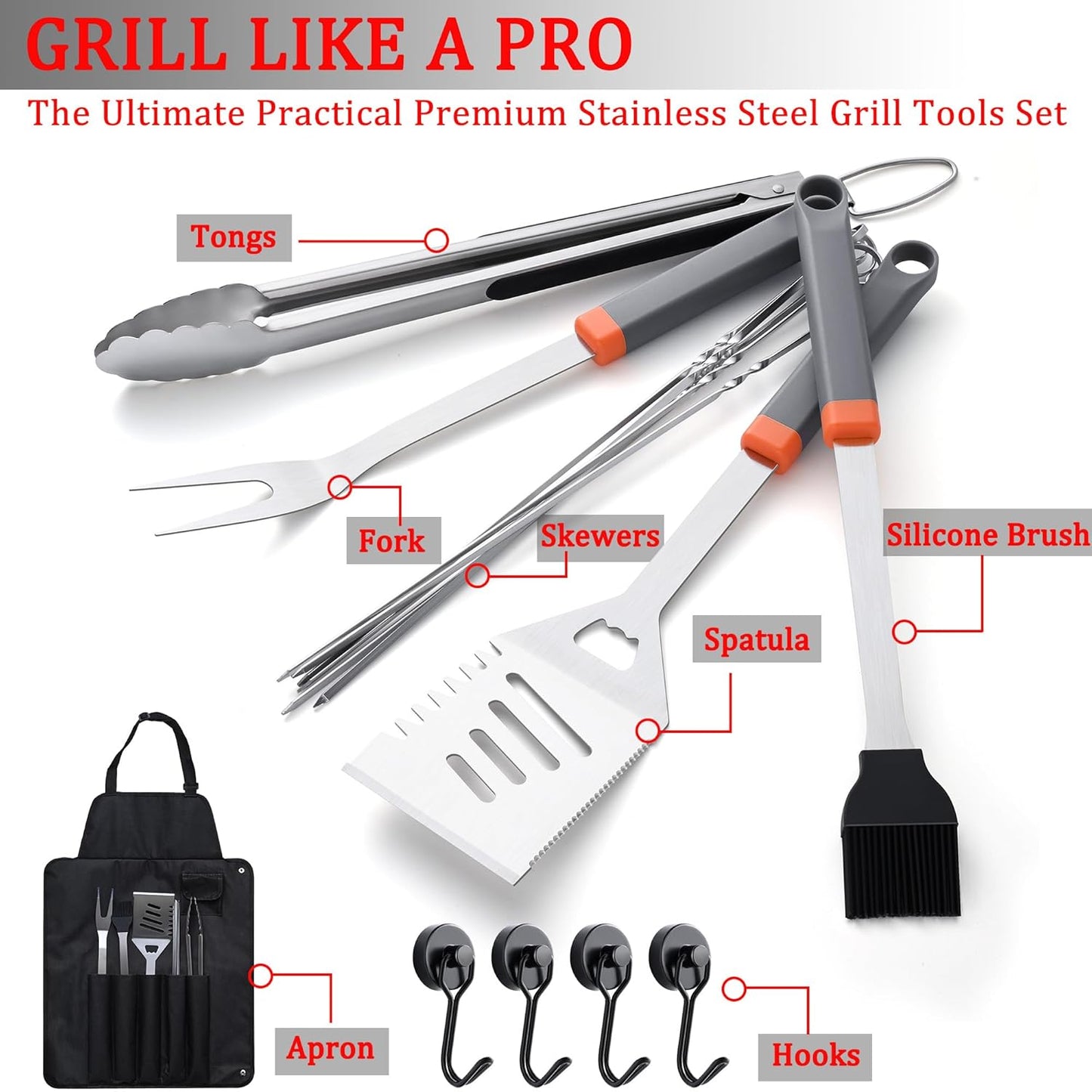 15-Piece Grill Set, BBQ Grilling Accessories with Tongs & Spatula, Stainless Steel Grill Utensils Set with Hooks & Apron Storage Bag for Outdoor Cooking, Camping, Practical Gifts for Men Dad