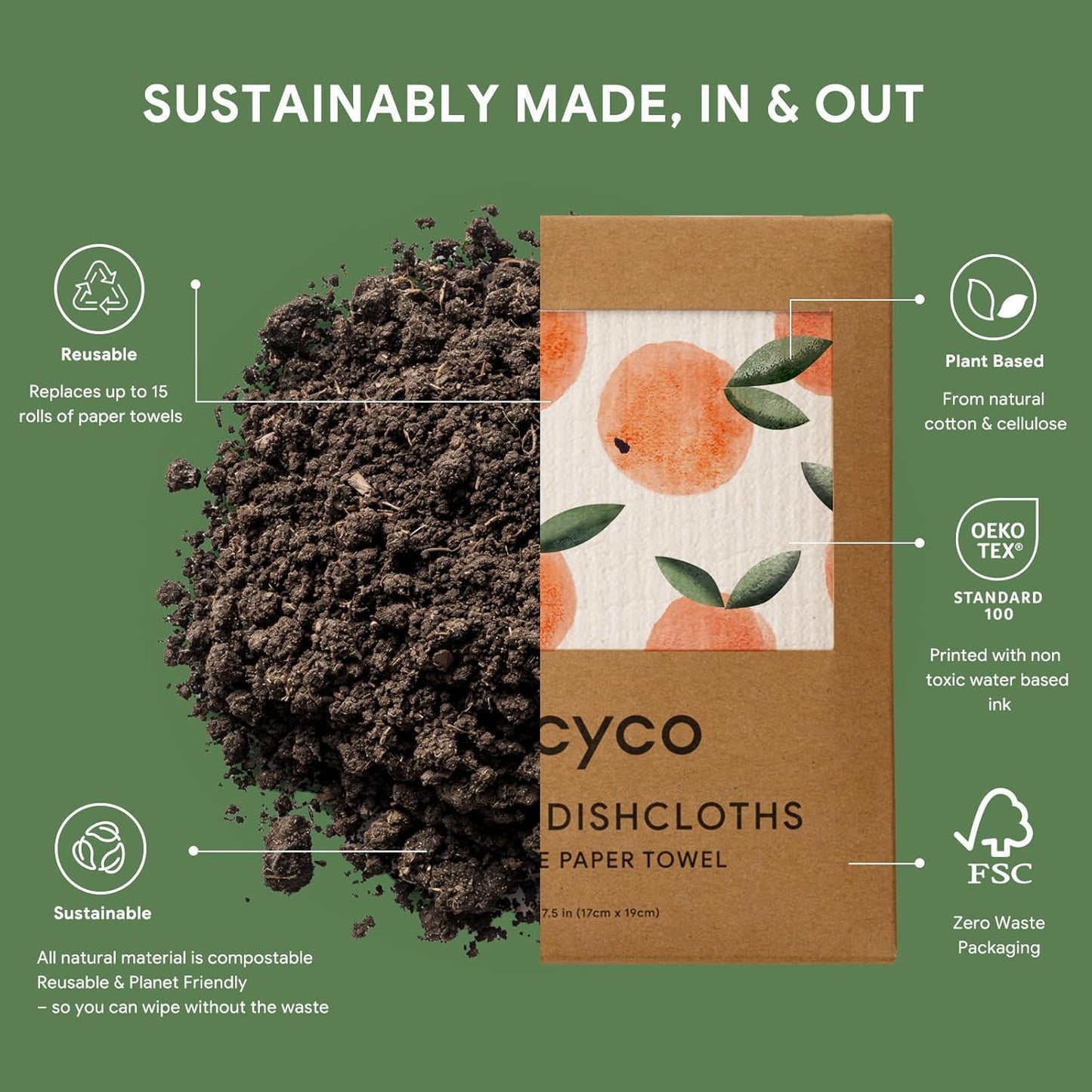 RECYCO Swedish Dishcloths for Kitchen | 5 Pack Peachy Leaves Washable Dish Rags | Cellulose Reusable Cleaning Paper Towels | Absorbent Counter Dish Cloth Sponge Kitchen Wipes, 8" L x 7" W