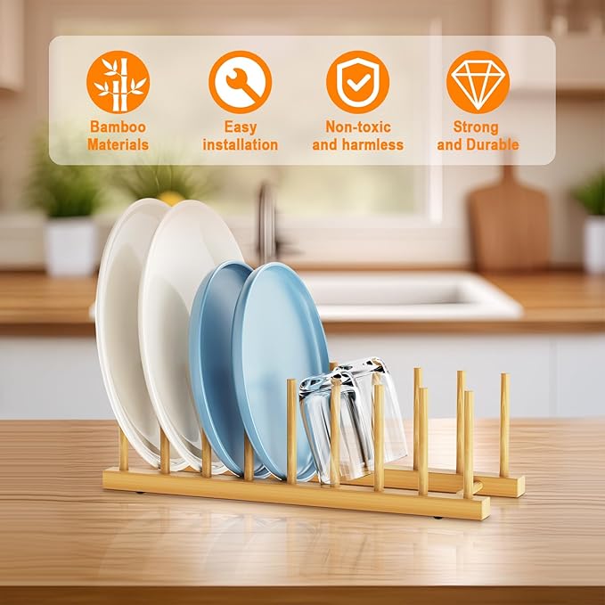 Bamboo Dish Drying Rack for Kitchen Organizer-Sturdy Plate Rack Organizer with Natural Bamboo, Dish Rack Holds Plates, Cups & Cutting Boards-Dish Drying Rack for Countertop & Cabinets（4 Pack）