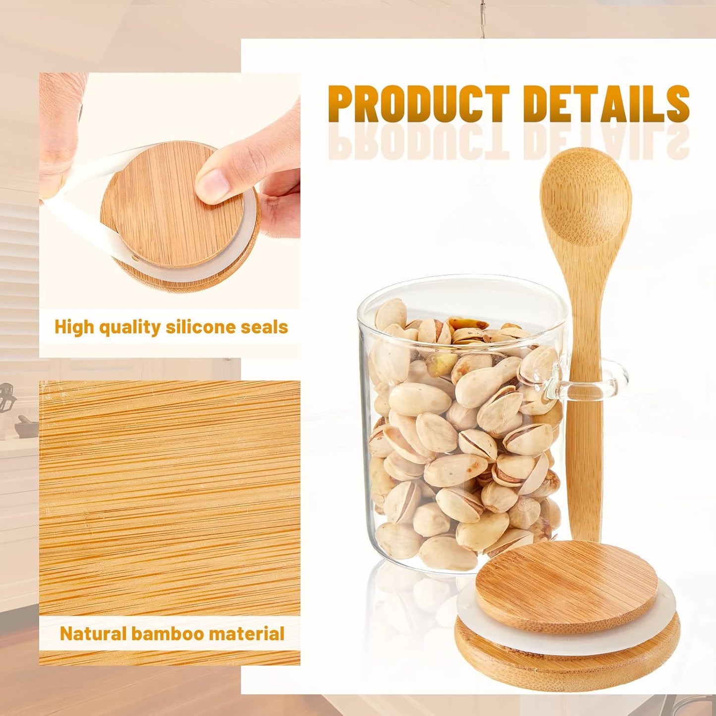 Tessco for you 12 Pack Sugar Jar Glass Container with Spoon Clear Glass Jars with Bamboo Lid and Spoon Scoop for Coffee Beans, Spice, Brown Sugar, Tea, Flour, Nuts, Candy, Salts (6 oz)