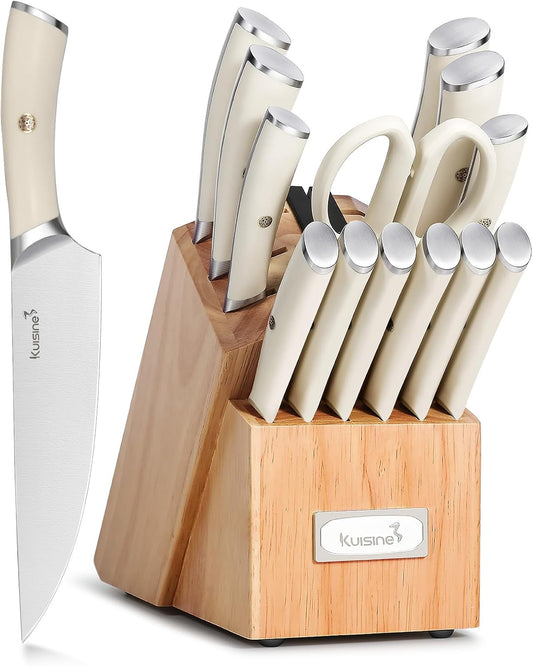 KUISINE Knife Set High Carbon Stainless Steel Super Sharp Blade Ergonomic Rivet Handle,Knife Block Set with Built-in Sharpener Upgraded(Ivory Acacia Pro 15PCS)