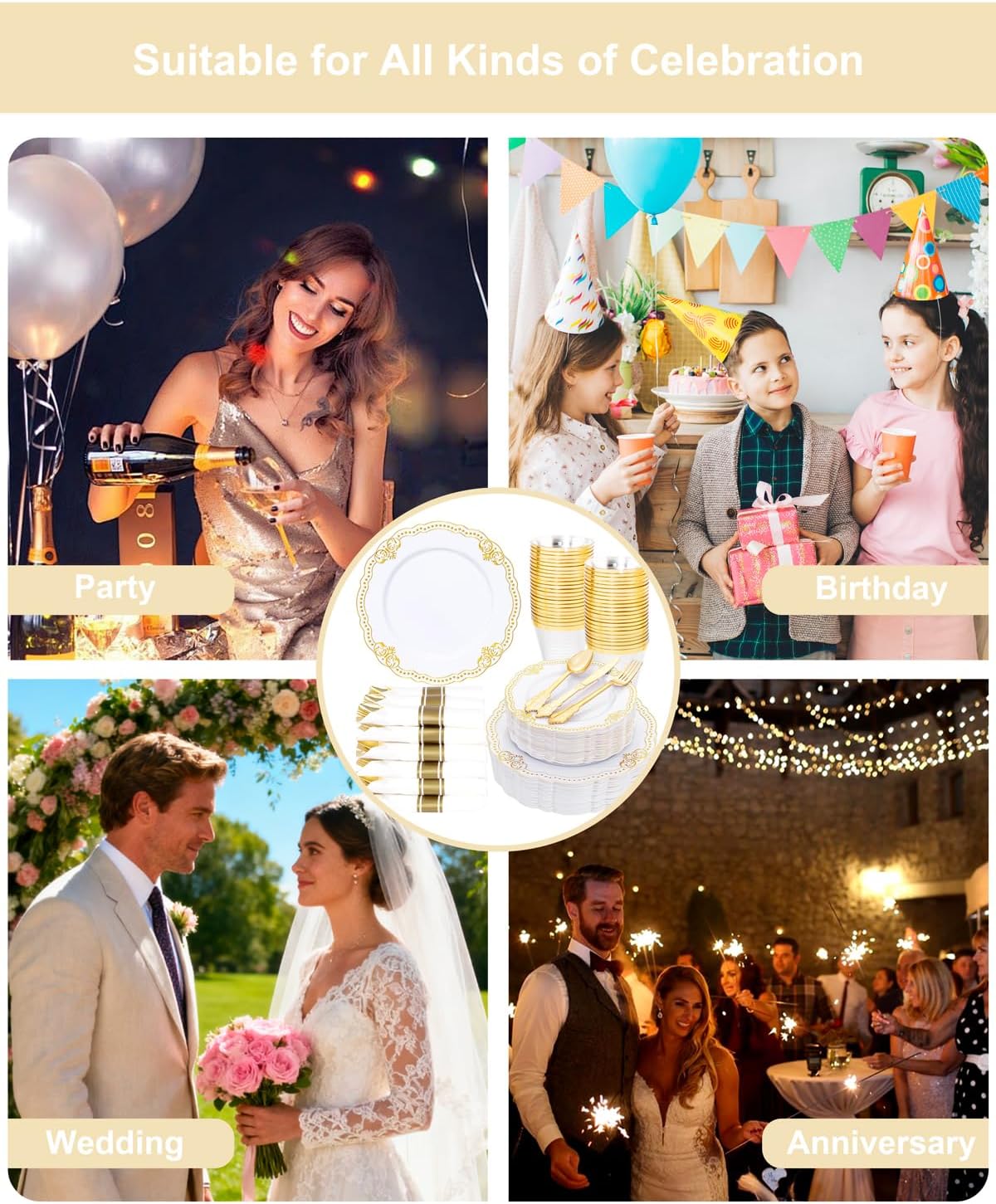 Ciaell 350 PCS Gold Plastic Plates - White and Gold Plates - Gold Disposable Plates Include 50 Disposable Plate, 150 Heavy Duty Silverware, 50 Cups, 50 Napkins for Wedding & Party & Thanksgiving