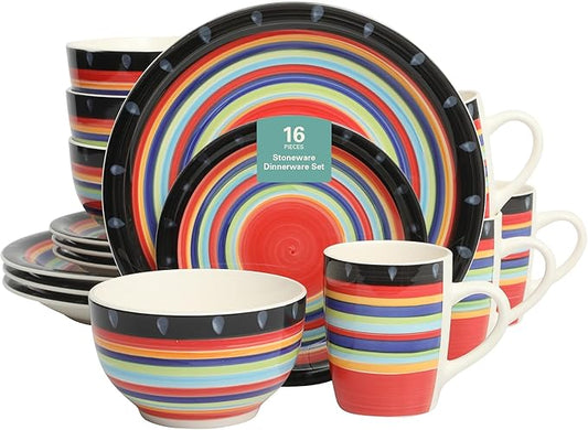 Gibson Home Festival Rings 16-Piece Stoneware Dinnerware Set – Colorful Hand-Painted Plates, Bowls & Mugs, Service for 4, Dishwasher & Microwave Safe Vibrant Tableware