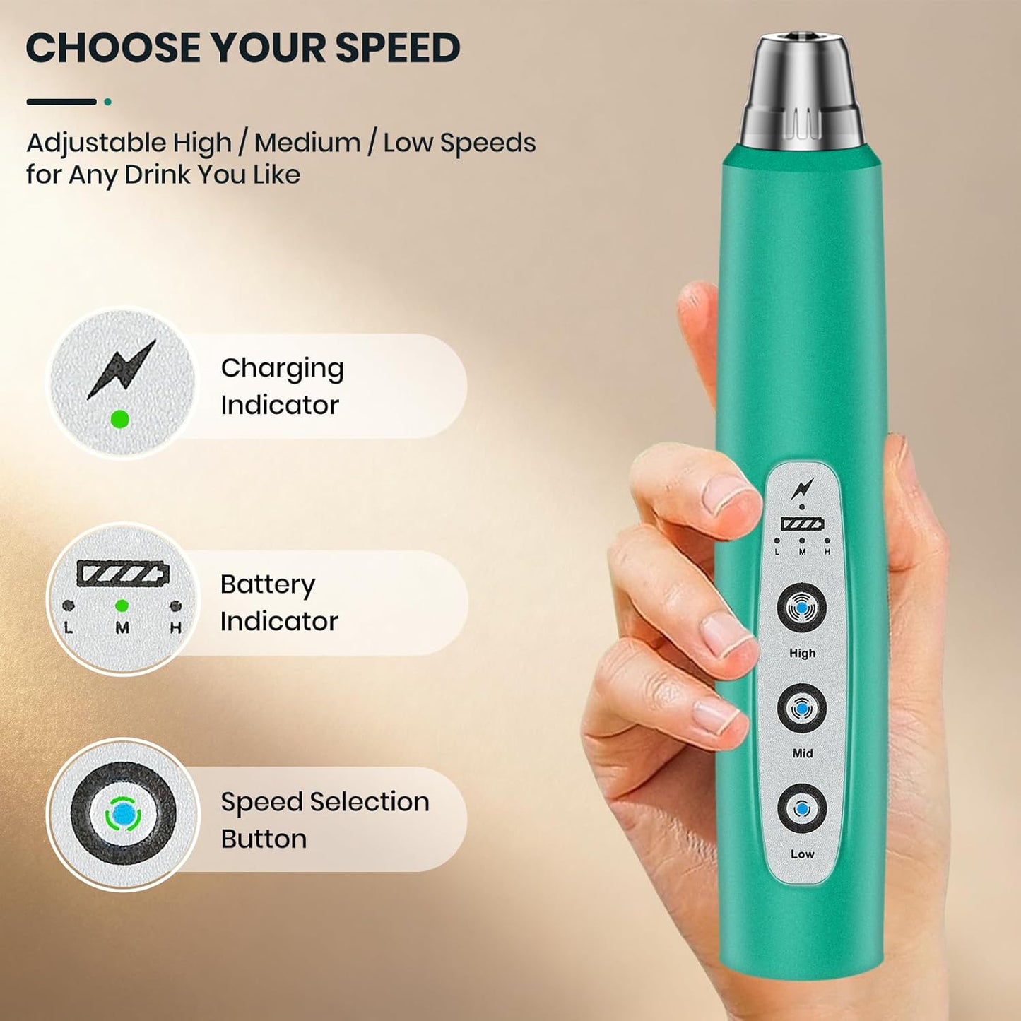 Milk Frother Handheld Rechargeable, Frother Wand Drink Mixer Electric Whisk for Coffee, Detachable With 3 Stainless Whisks, Hand Mixer for Lattes, Cappuccino, Matcha, Egg, No Stand, Green