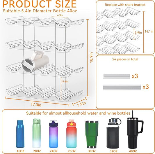 Yieach 3 Tier Stackable Water Bottle Organizer for Cabinet - Larger Compartment Water Bottle Holder for 40 oz Stanley Cup,Yeti and Other Tumbler Organizer,Waterbottle Storage and Wine Rack for Fridge