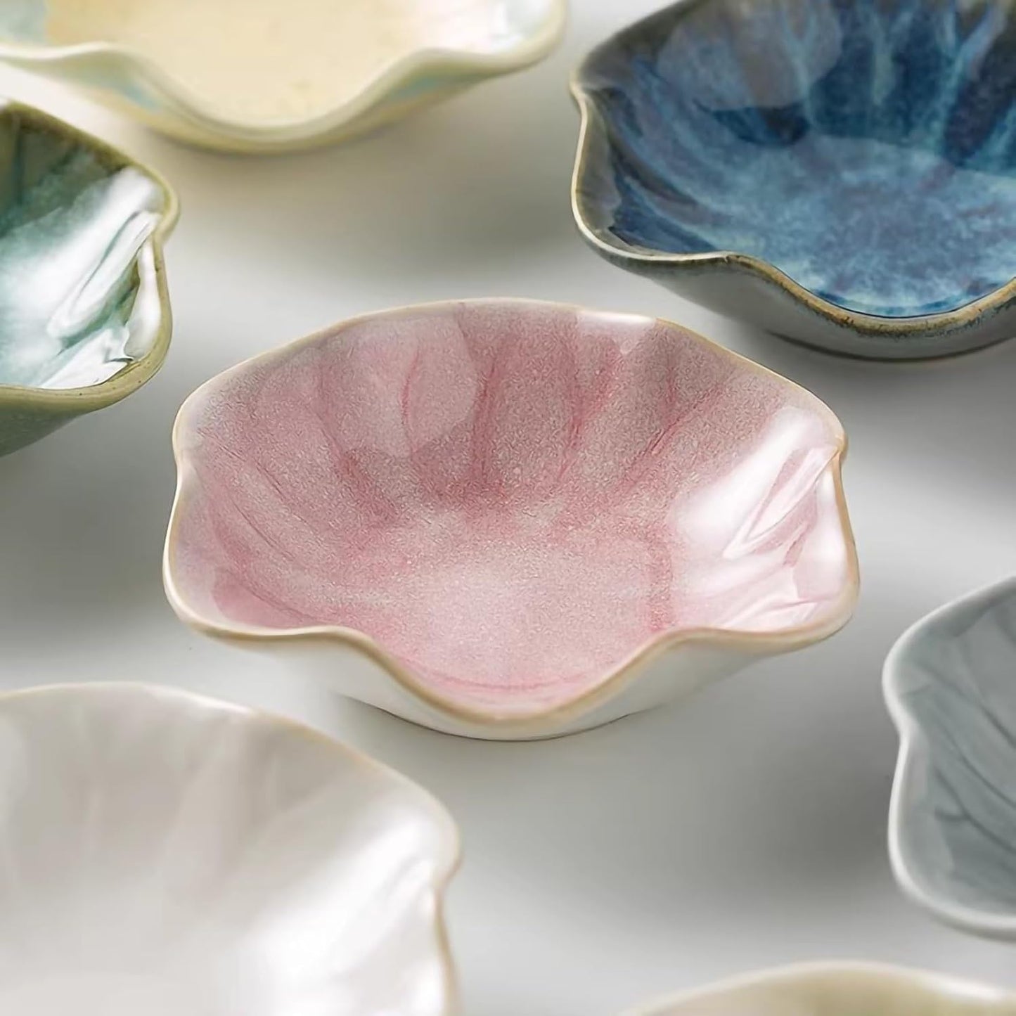 2Pcs Ceramic Jewelry Dish - Lotus Leaf Shape, for Ring Holder Necklace Small Key, Suitable for Mother Friend Sister, Gifts for Women, Cute Plate Trinket Tray, Home Decor (Pink & Green)