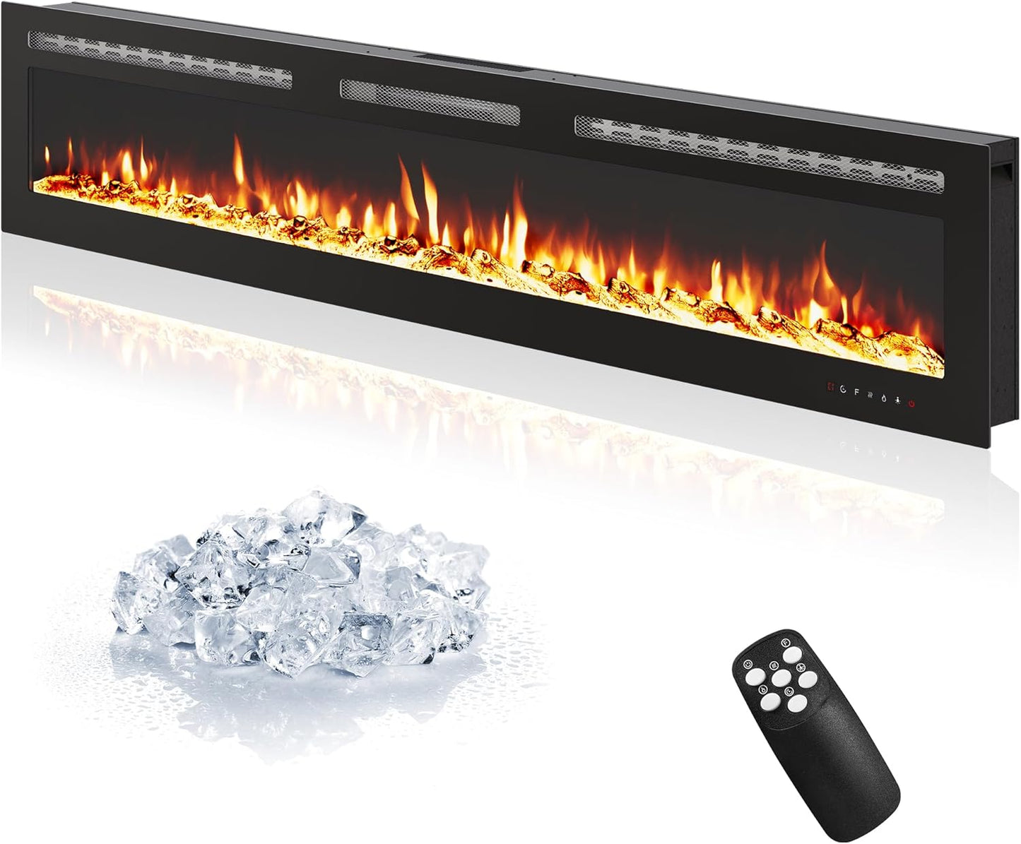 72-Inch Recessed Electric Fireplace, Wall Mounted, Remote Control, 12 Flame Colors, 750/1500W Heater, Multicolor, Log & Crystal, Black
