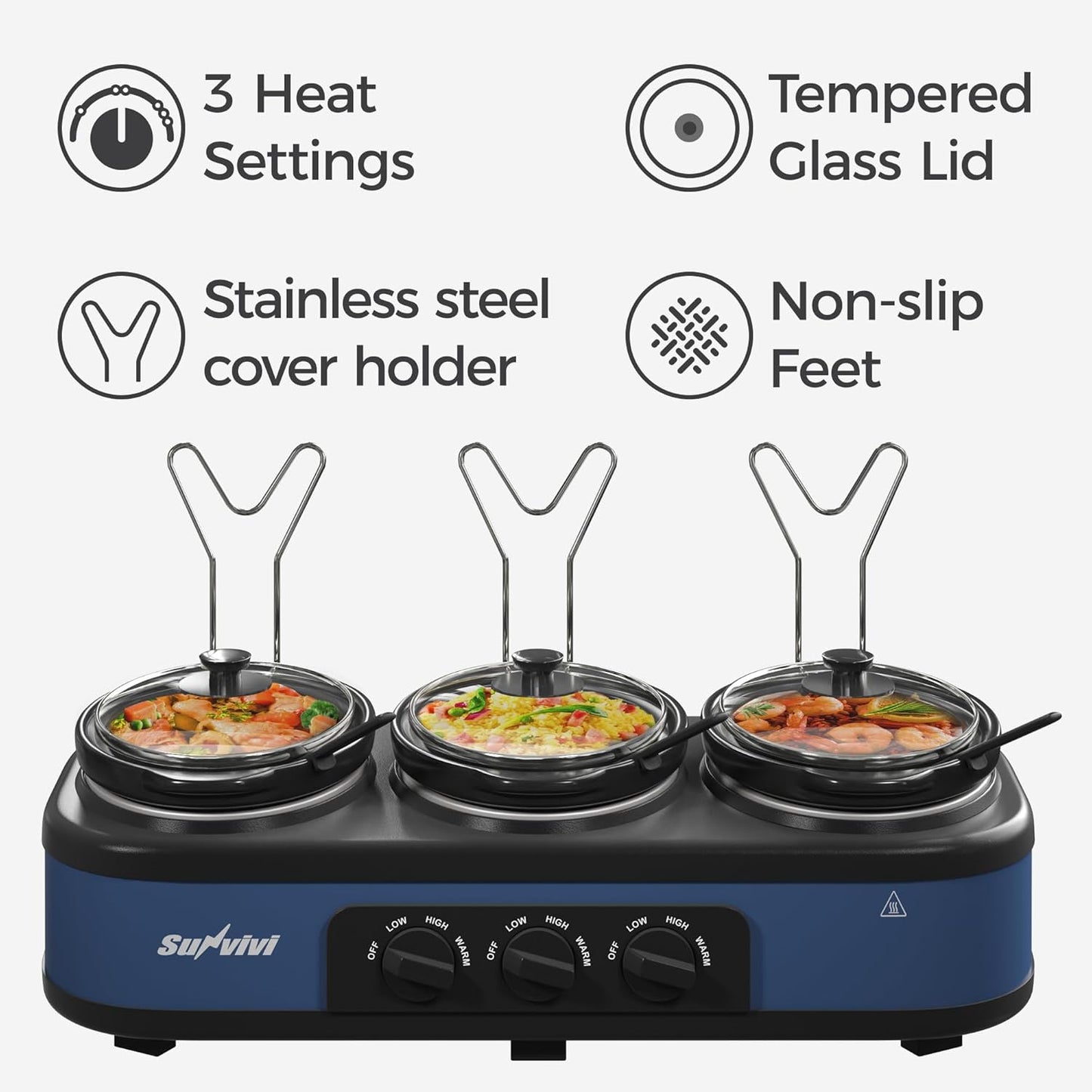 SUNVIVI Triple Slow Cooker, Buffet Food Warmer with 3 x 1.5 QT Removable Ceramic Pots, Buffet Servers and Warmers with Glass Lids and 3 Spoons, Stainless Steel, Blue