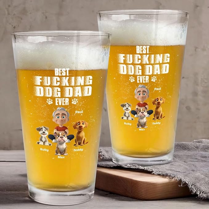 Wrappiness Best Mom Dad Logo Personalized Custom Beer Glass - 16oz Glassware for Beer Soda Cocktails - Gift for Dog Lovers, Father's Day, Birthday Gift for Parents (B06, 3 Dogs)