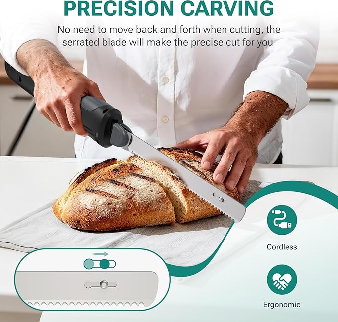VLOXO Cordless Electric Knife, Rechargeable Electric Carving Knife with 2 Ti-Nitride S.S. Coated Non-Stick Blades Non-Slip Handle Safety Lock Electric Knives for Meat Slicing Fish Fillet Bread Turkey