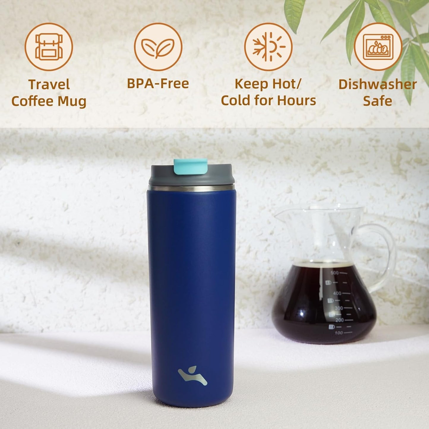 Tumbler with Lid, 16 oz Travel Coffee Mug Double Wall Vacuum Stainless Steel Thermal Metal Cup Insulated Water Bottle,Sapphire