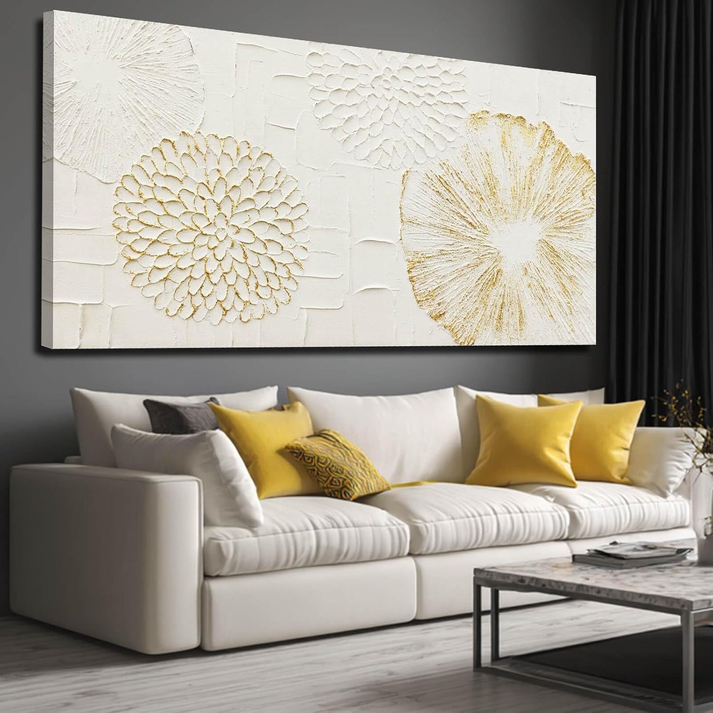 VAYIMDH White and Gold Wall Decorations Flower Wall Paintings Neutral Wall Art 29"x58" Over The Bed Wall Decor for Bedroom Kitchen Pictures