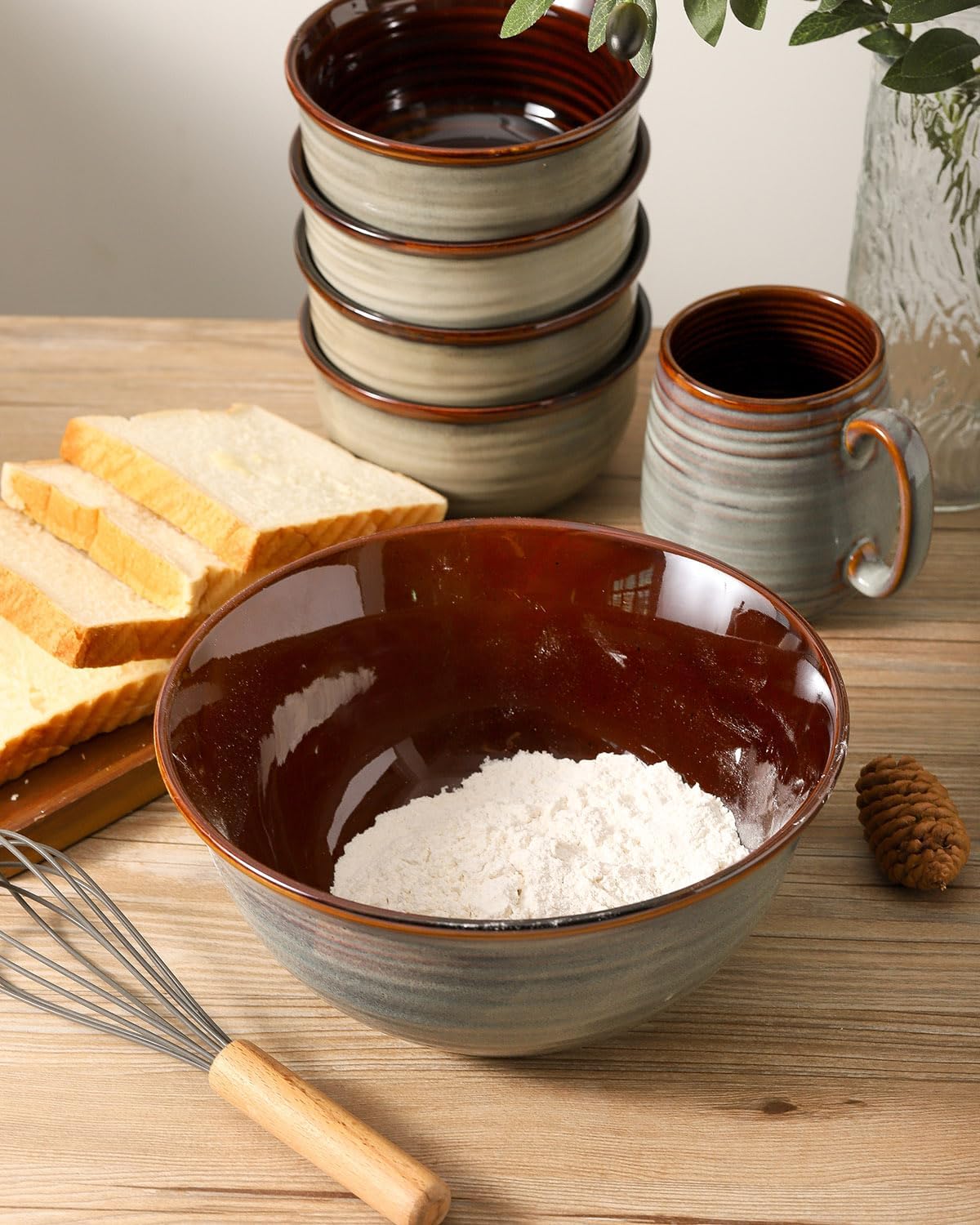 Hasense Serving Bowls, 84 Ounce Ceramic Serving Dishes for Salad Pasta Soup Pho, 9 Inch Mixing Bowls for Baking, Cooking, Kitchen, Party，Dinner, Microwave Dishwasher Safe, Set of 2, Light Grey