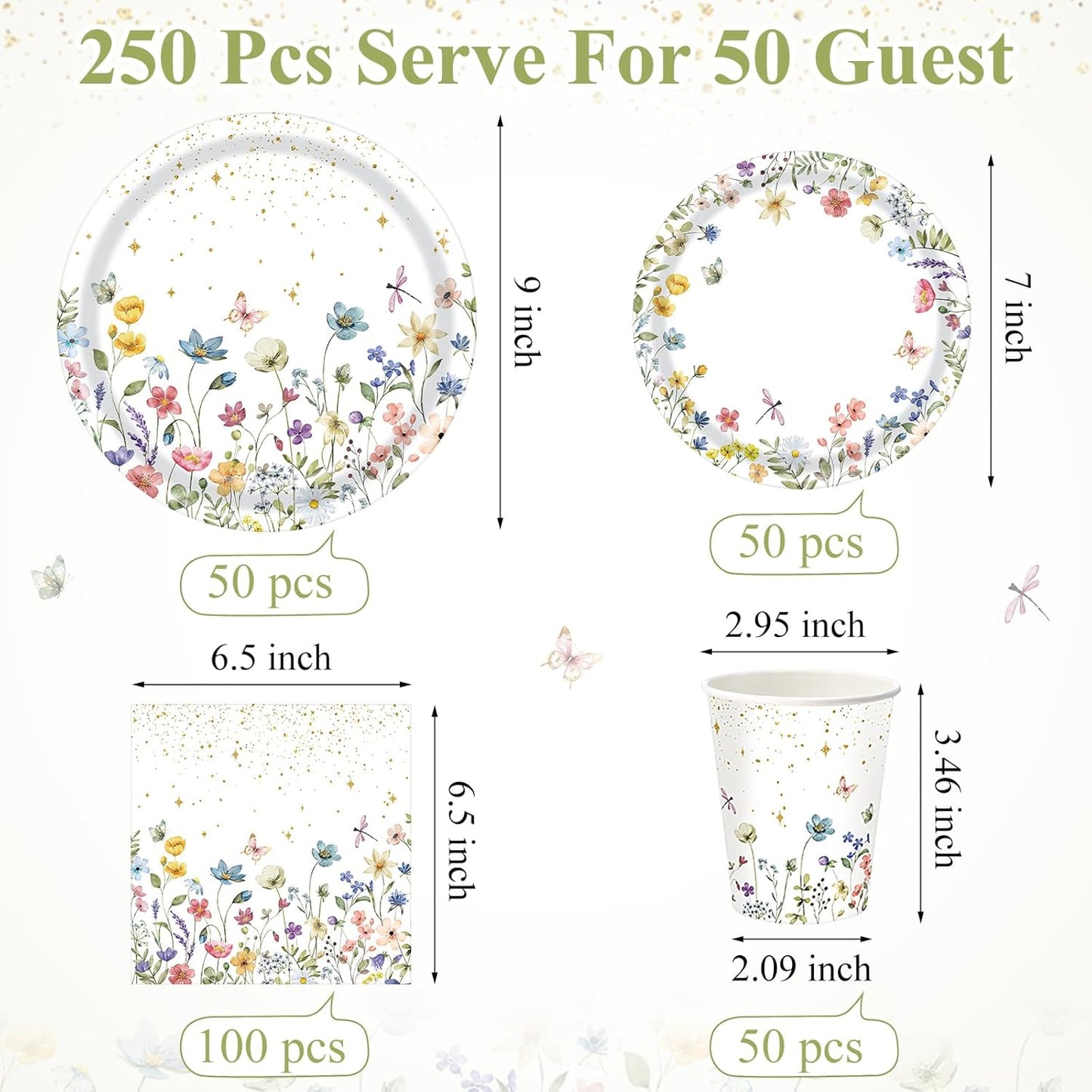 250 Pcs Wildflower Party Decorations Include Spring Summer Floral Paper Plates Napkins and Cups for Wildflower Baby Shower Tea Decorations, Serve 50 Guest (Colorful,Floral Style)