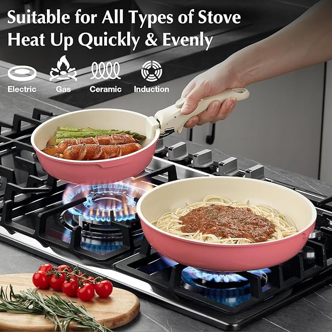 Ceramic Pots and Pans Set Non Stick Pink, 8 Pcs Nonstick Cookware Set with Detachable Handle RV Camping Induction Kitchen Cookware Set Non Stick, PFAS PFOA & PTFE Free