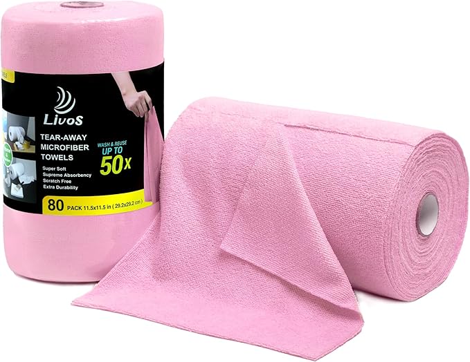 LIVOS Microfiber Cleaning Cloth Roll - 80 Pack, Reusable Paper Towels Pink Tear Away, Microfiber Towels for Cars, Super Absorbent Lint Free Cleaning Rags for House, Kitchen, Window-11.5"x11.5"