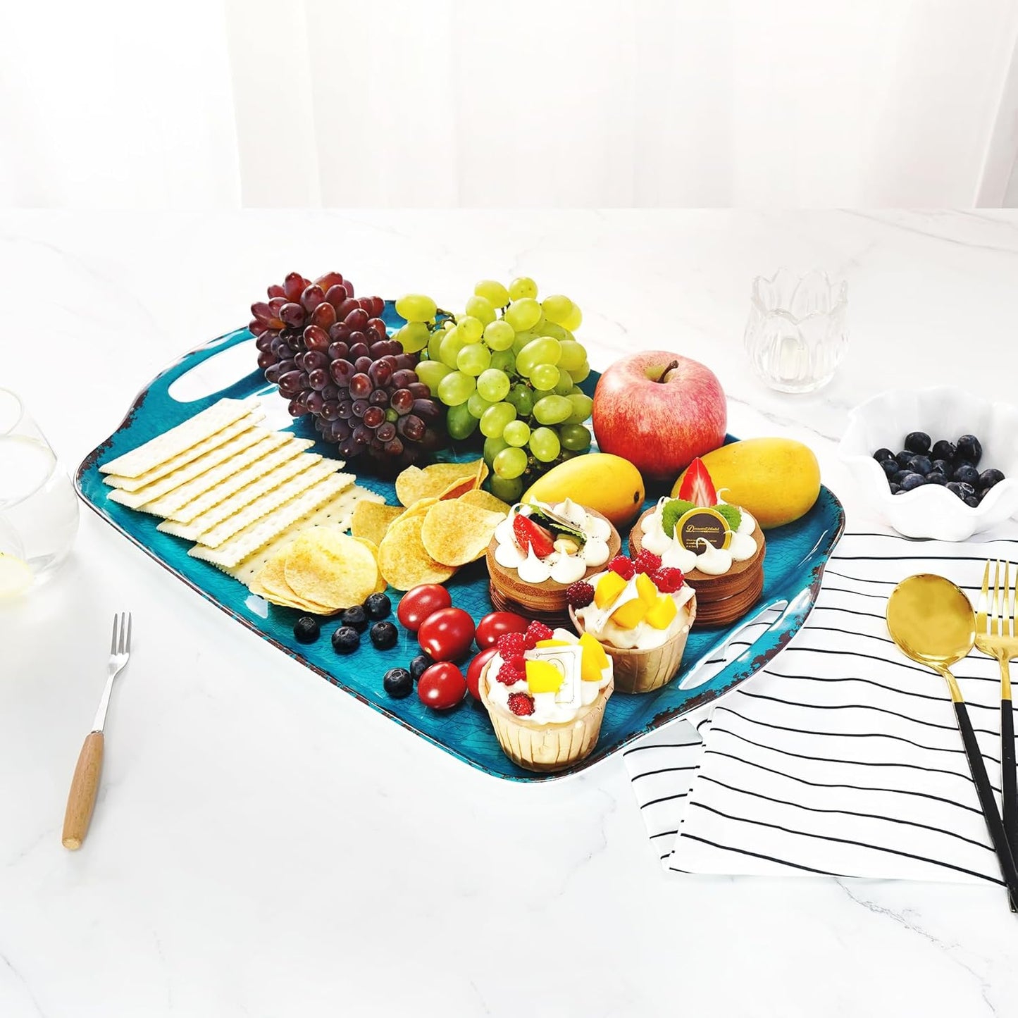 TP Serving Trays with Handles, 19 Inch Large Rectangular Melamine Serving Platter Set of 2, Retro Teal