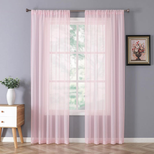 Tollpiz Sheer Curtains Bedroom Linen Textured Curtain Sheers Light Filtering Voile Rod Pocket Curtains for Living Room, 38 x 84 inches Long, Pink, Set of 2 Panels
