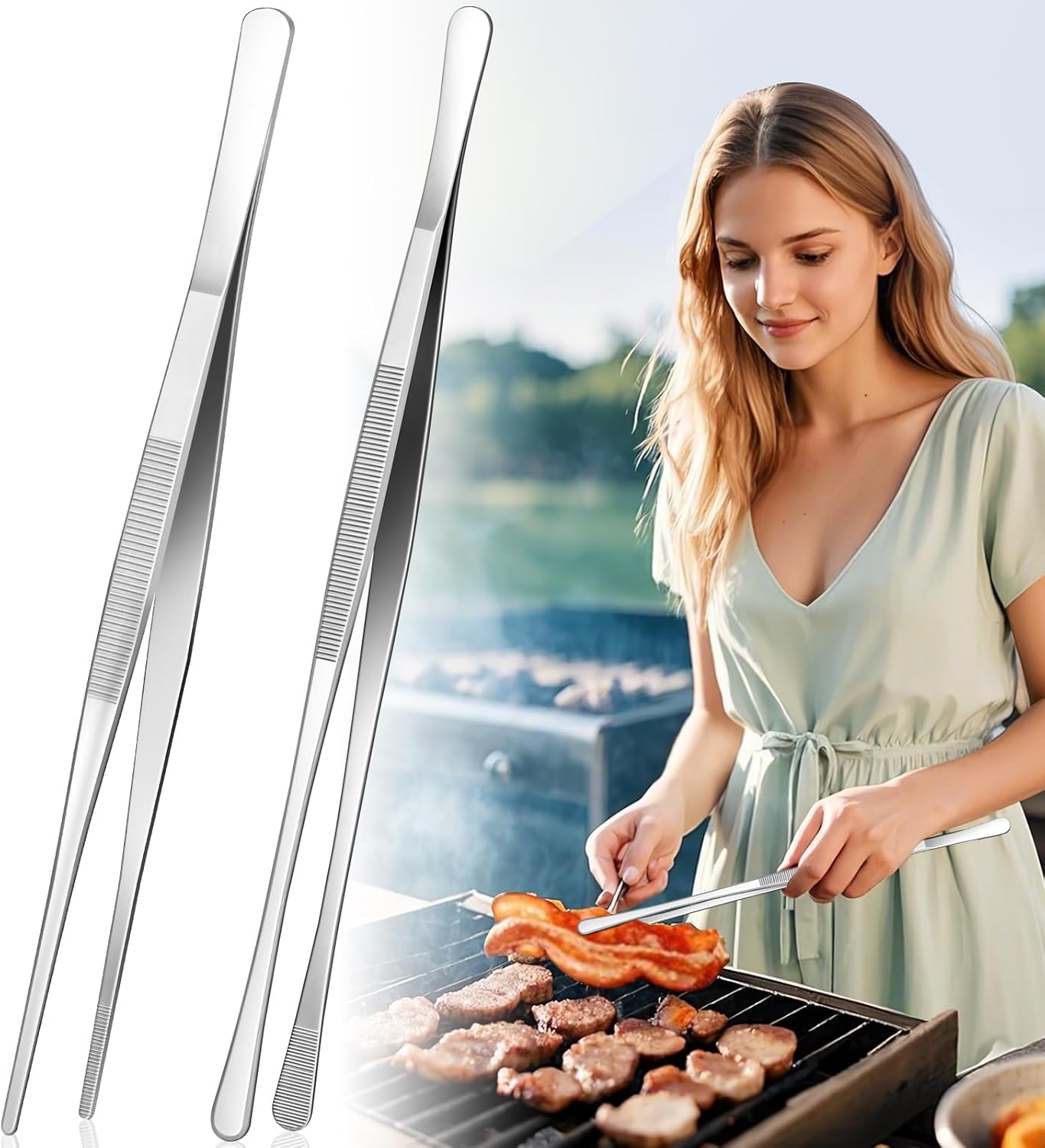 12-Inch Cooking Tweezers Tongs 2-Pack, Stainless Steel Kitchen Tweezers with Dual-Head Design and Non-Slip Grip, Chef Tweezer Tongs for Frying, Plating, Pasta, BBQ, Air Fryer, Food Prep Tools