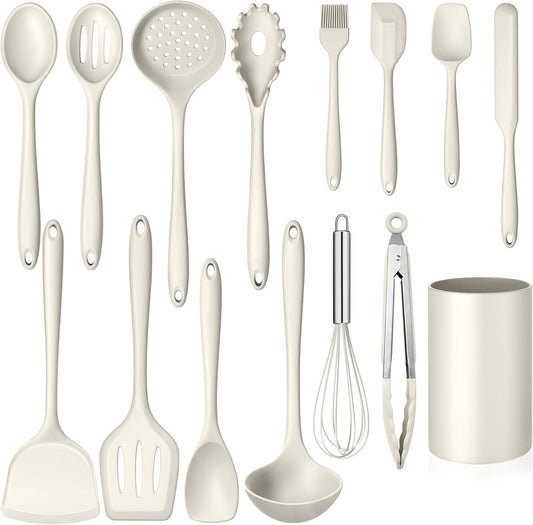 Homikit Kitchen Utensils Set, 15pcs Silicone Cooking Utensil Heat Resistant Spatula Set with Holder for Nonstick Cookware, Useful Kitchen Gadgets & Pots and Pans Accessories, White