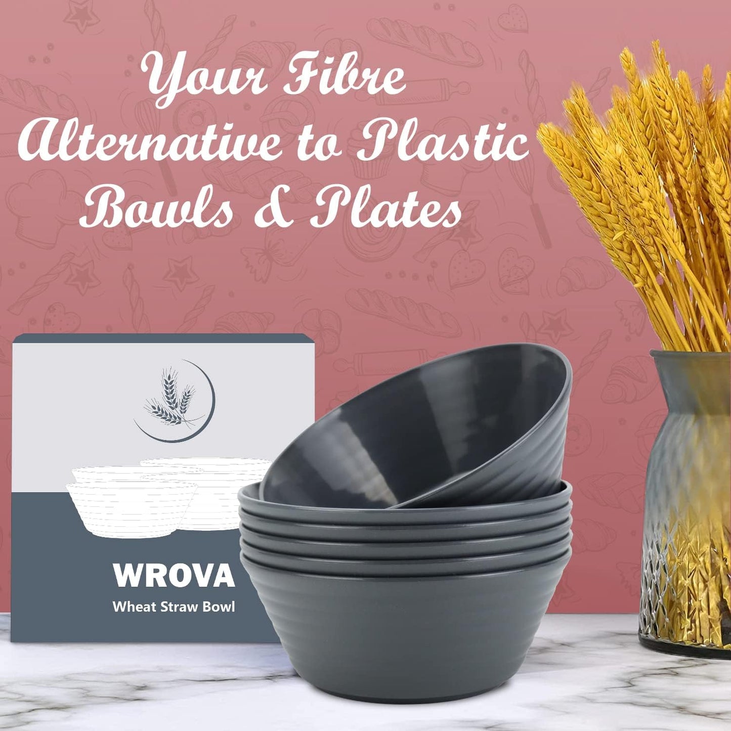 Wrova Wheat Straw Bowl Sets,6PCS Unbreakable Cereal Bowl 36 OZ,Microwave and Dishwasher Safe Bowls,Salad Bowls for Dorm,Apartment,Camping,Picnic (Deep Grey)