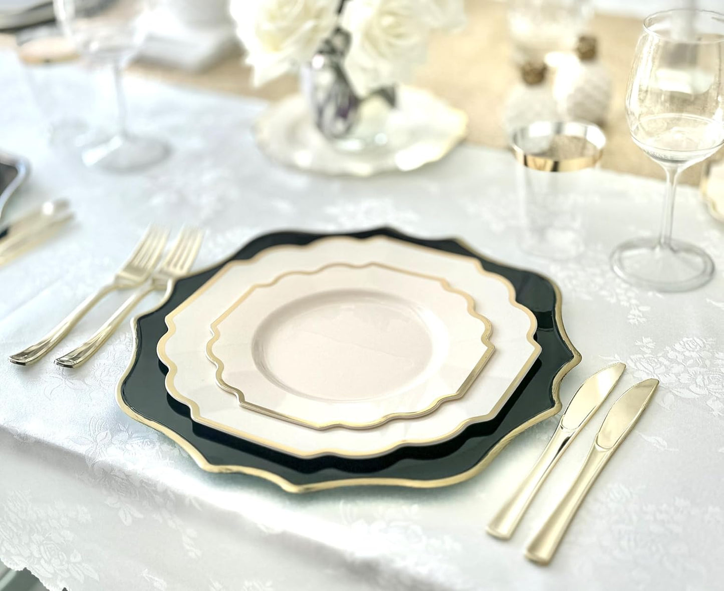 " OCCASIONS " 120 Plates Pack,(60 Guests) Heavyweight Wedding Party Disposable Plastic Plates Set -60 x 10.5'' Dinner + 60 x 8'' Salad/Dessert Plate (Imperial Ivory & Gold)