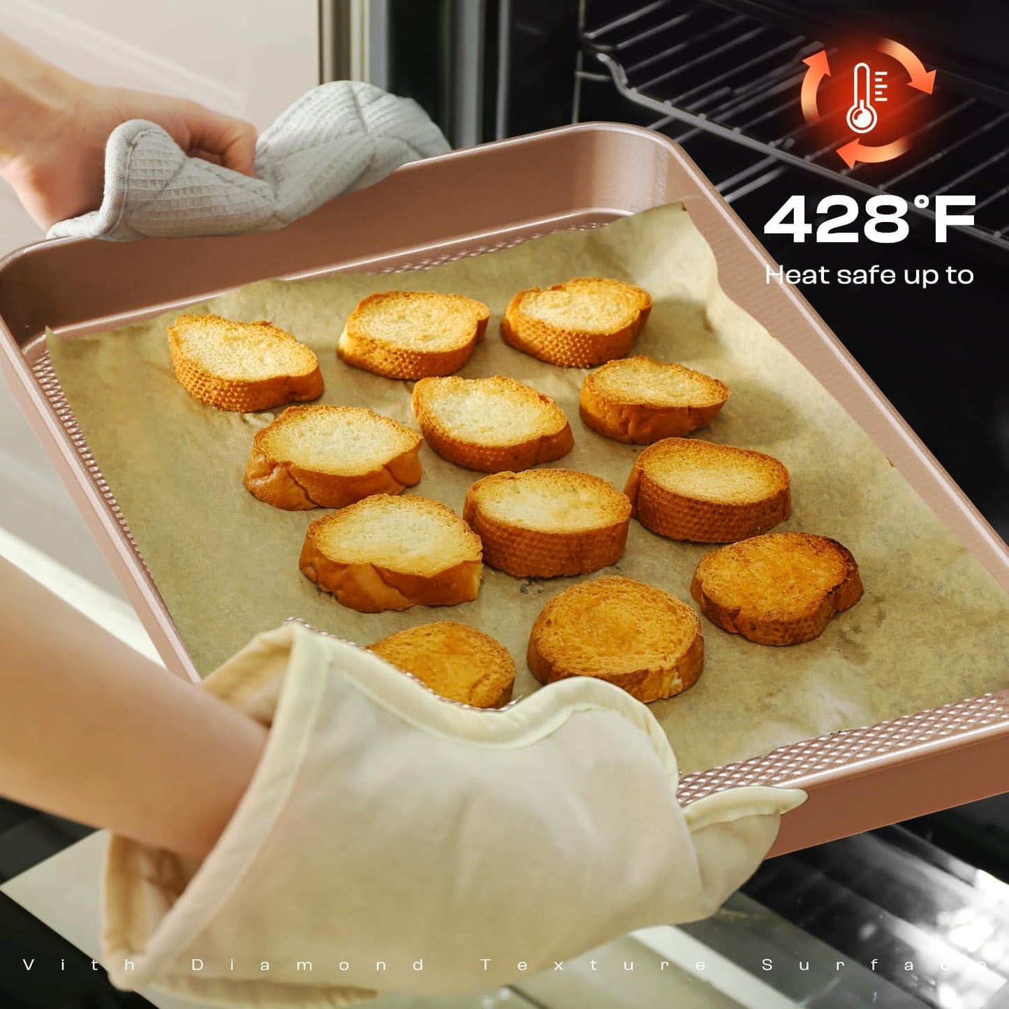 3Pcs Baking Sheet Pan Set, Large Nonstick Cookie Sheets Set, Jelly Roll Pans, Heavy Duty Carbon Steel Cookies Sheet for Oven, Diamond Texture, Gold