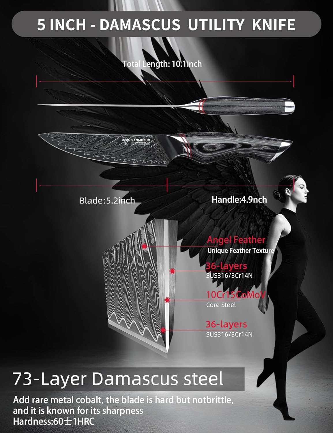 5 Inch Utility Knife - Fruit and Vegetable Knives, Black Damascus Steel with Ergonomic Handle - MIAO Series