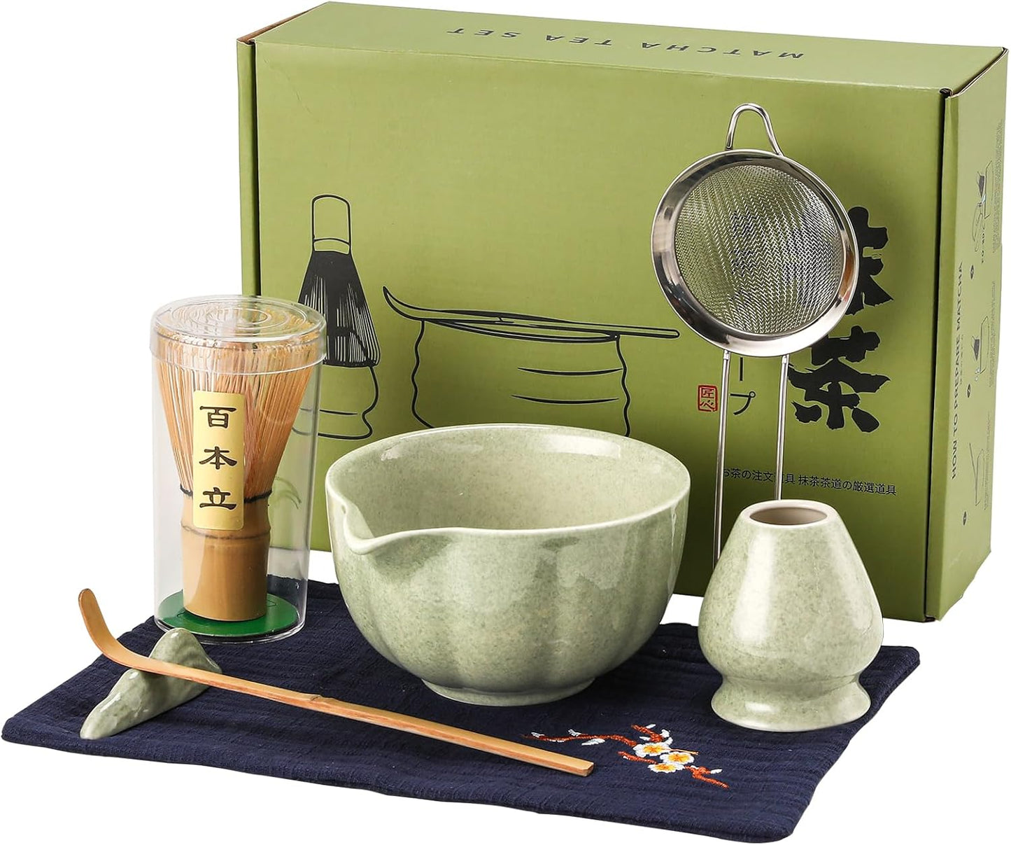 Matcha Whisk Set, 7-Pack Mottled Green Matcha Set - Include Petal Matcha Bowl with Spout, Bamboo Whisk, Chasen Holder, Sifter, Scoop, Tea Towel, Scoop Rest - Perfect Matcha Making Kit for Tea Lover