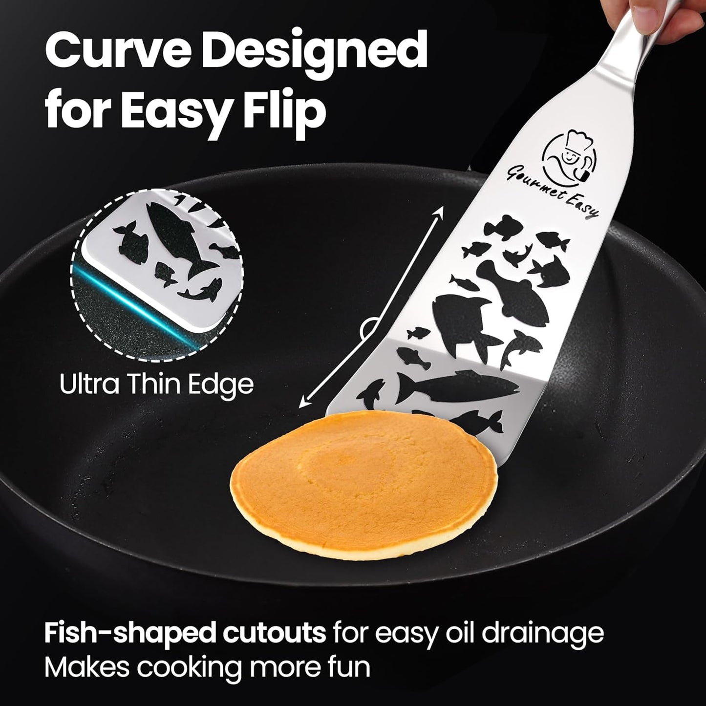 Stainless Steel Fish Spatula Set – Funky Fish Edition, 1 Large Fish Turner + 1 Small Metal Spatula, Ultra Thin Edge for Easy Turning & Flipping, Ergonomic Non-Slip Handle, Dishwasher Safe
