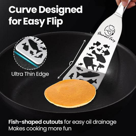 Stainless Steel Fish Spatula Set – Funky Fish Edition, 1 Large Fish Turner + 1 Small Metal Spatula, Ultra Thin Edge for Easy Turning & Flipping, Ergonomic Non-Slip Handle, Dishwasher Safe